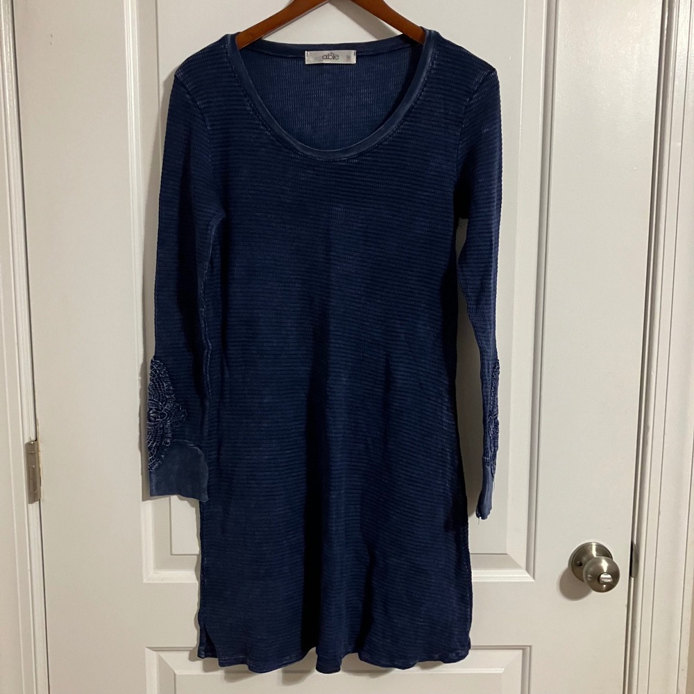 Able Blue Thermal Knit Long Sleeve Dress Crochet Lace Detail Medium Made in USA
